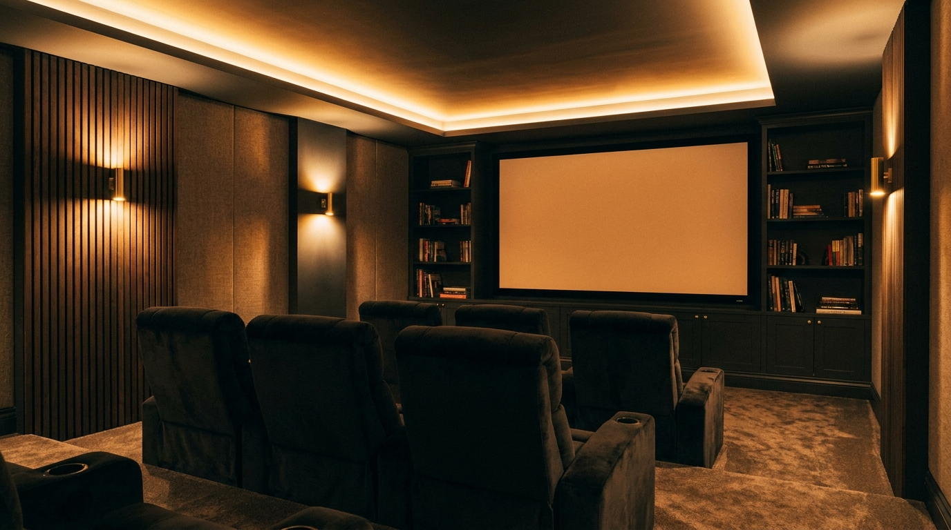 A private home cinema in warm, low light
